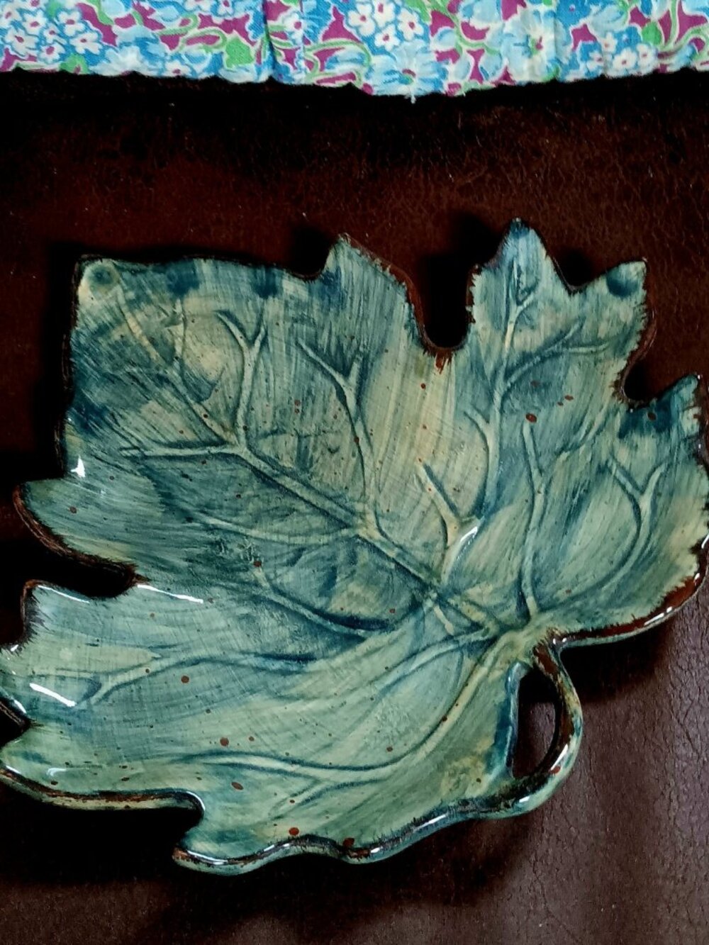 VINTAGE, by Leaves - Glazed ceramic teal maple leaf shaped dish ~ 9" x 8.5"